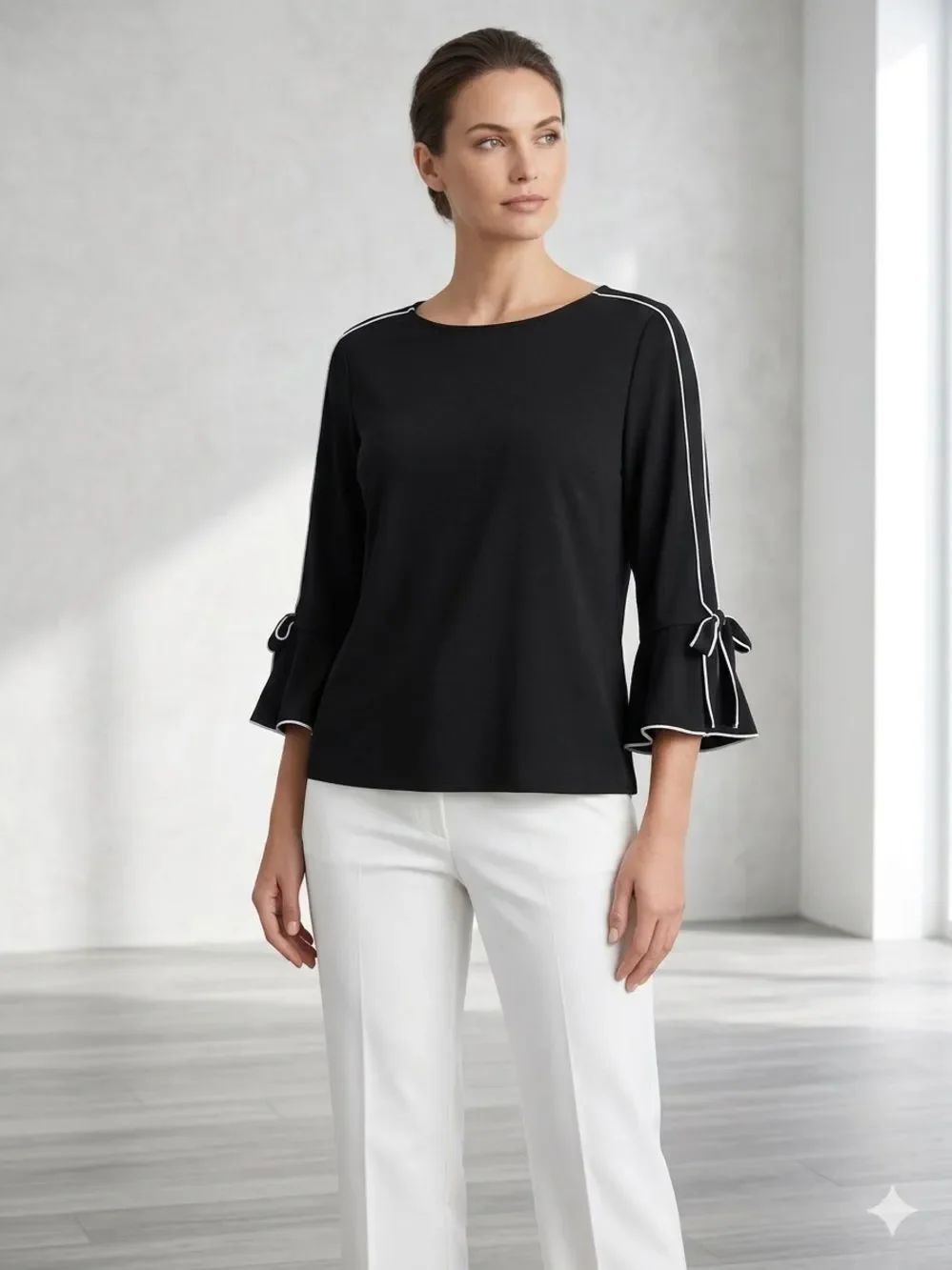 Chico's Black Blouse with White Piping Accents & Tie-Sleeves Minimalist Large